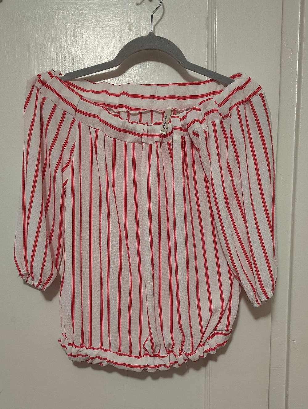 Women’s Off-Shoulder Orangish/ Red Stripe Blouse Perfect For 4th Of July Celebra